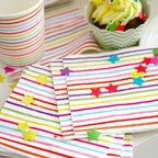 Rainbow stripe paper cup with colorful stripes for birthday from Parte Haus party supply store in Bethesda MD