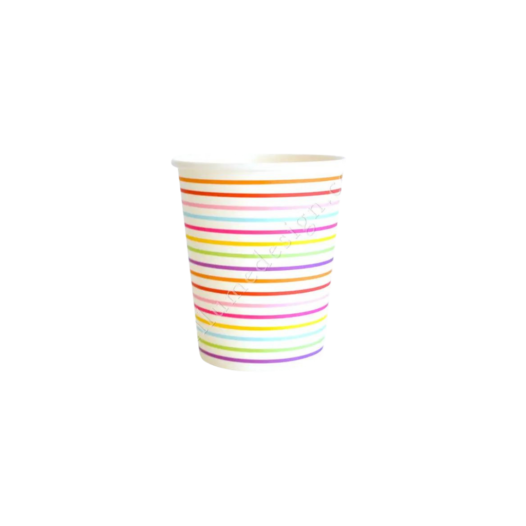 Rainbow stripe paper cup with colorful horizontal lines birthday from Parte Haus party supply store in Bethesda MD