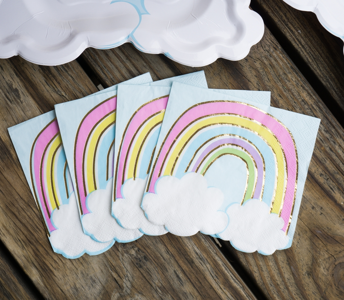 Rainbow pastel cocktail napkins with clouds for birthday celebration from Parte Haus party supply store in Bethesda MD