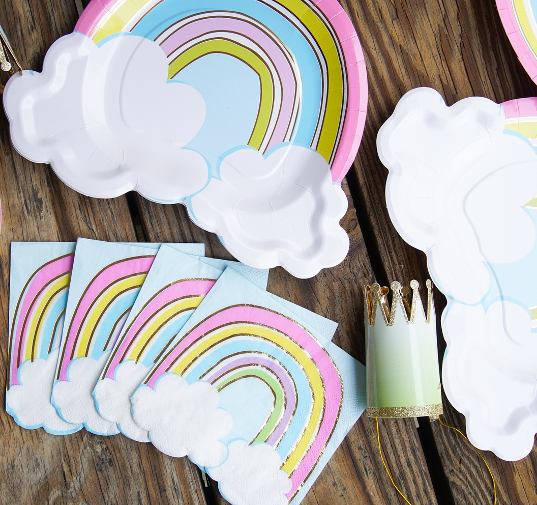 Rainbow multicolor cocktail napkins with clouds for birthday from Parte Haus party supply store in Bethesda MD