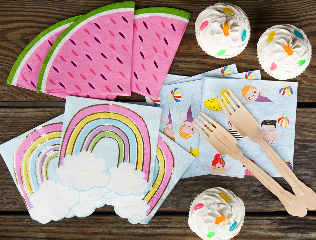 Rainbow pastel cocktail napkins with clouds summer birthday from Parte Haus party supply store in Bethesda Maryland