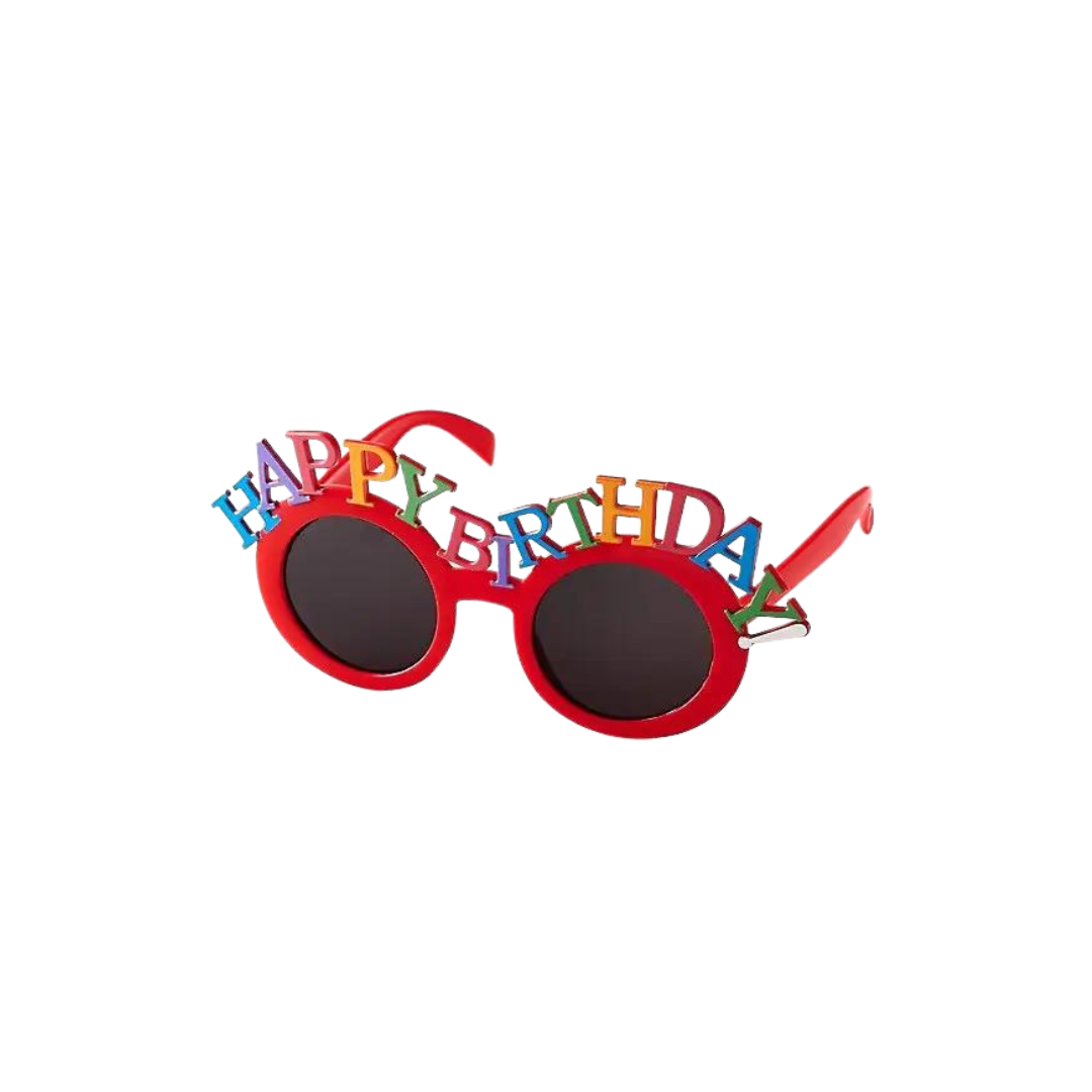 Red Happy Birthday sunglasses with colorful letters birthday theme from Parte Haus party supply store in Bethesda MD