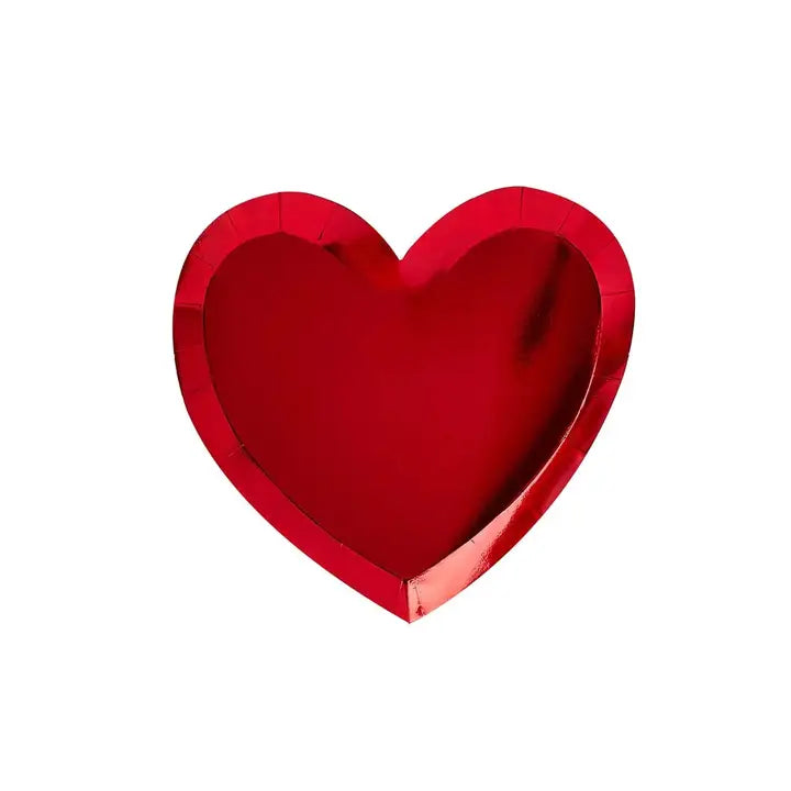 Red heart paper plate with glossy finish for Valentine theme from Parte Haus party supply store in Bethesda Maryland