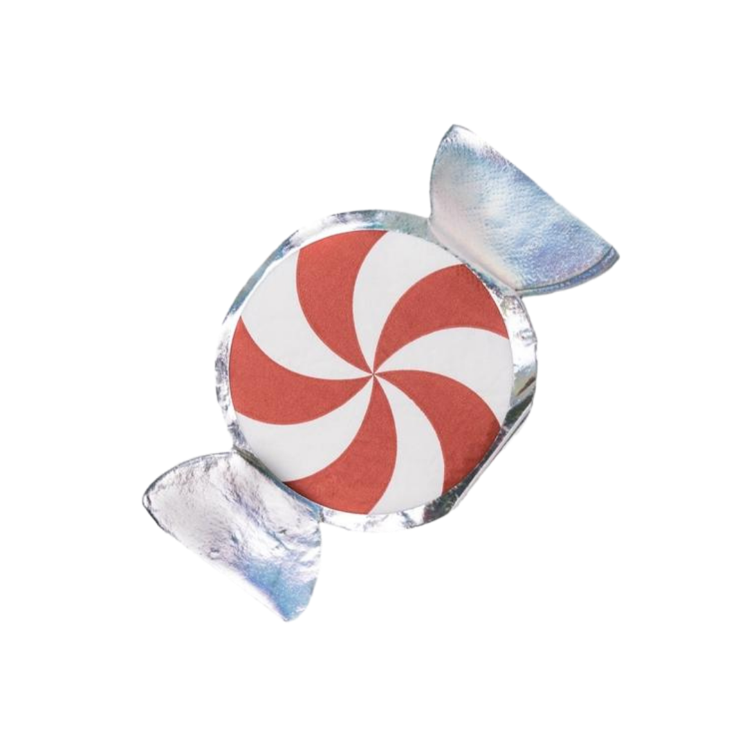 Red peppermint guest napkin shaped like candy for holiday celebration from Parte Haus party supply store in Bethesda MD