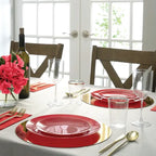 Red gold round plastic plates elegant dinner table setting from Parte Haus party supply store in Bethesda MD