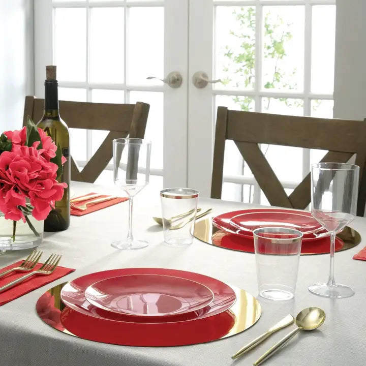 Red gold round plastic plates elegant dinner table setting from Parte Haus party supply store in Bethesda MD