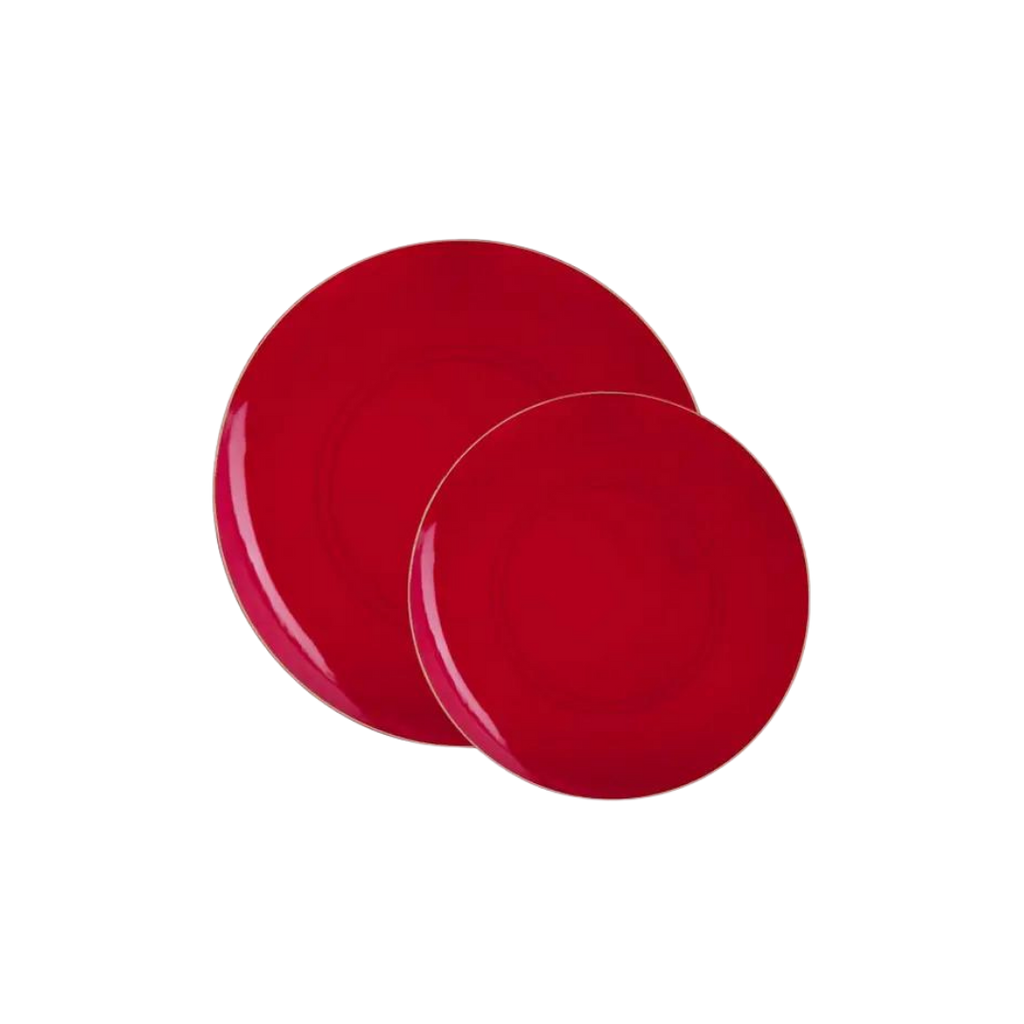 Red gold round plastic plates elegant tableware dinner from Parte Haus party supply store in Bethesda MD.