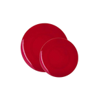Red gold round plastic plates elegant tableware dinner from Parte Haus party supply store in Bethesda MD.