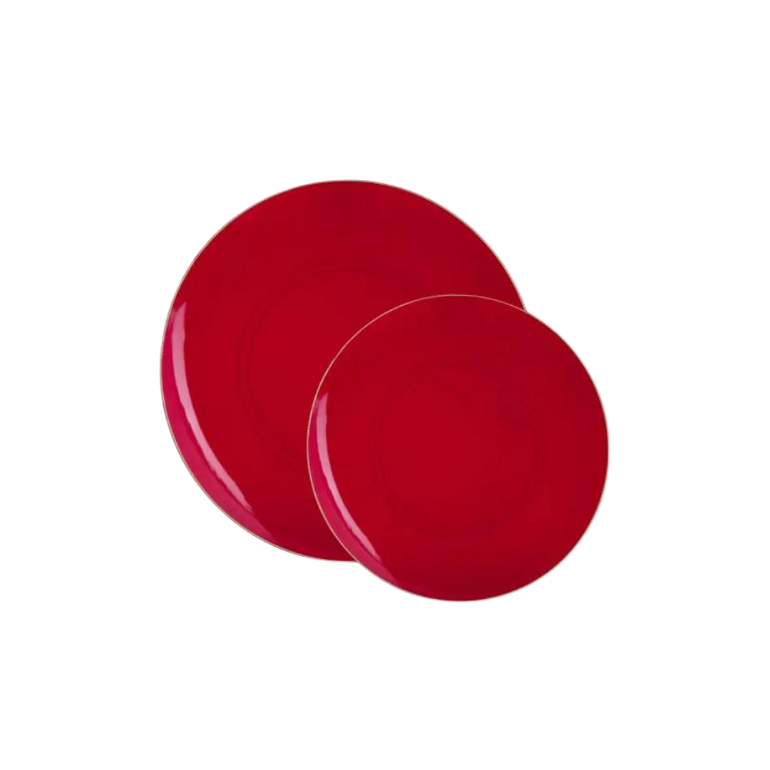 Red gold round plastic plates elegant tableware dinner from Parte Haus party supply store in Bethesda MD.