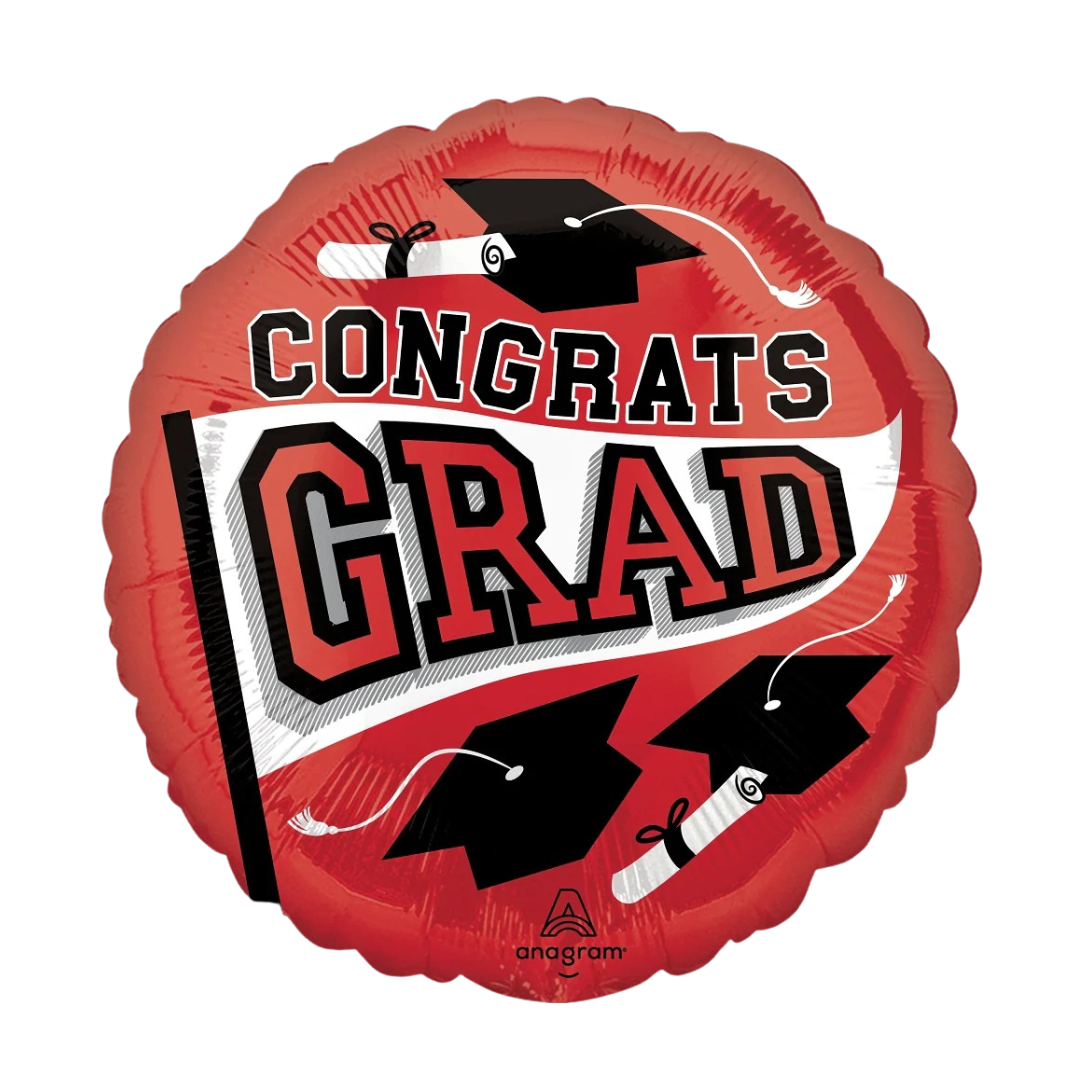 Red foil balloon with congrats grad text and graduation caps for graduation from Parte Haus party supply store in Bethesda MD