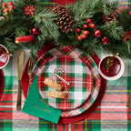Red and green plaid holiday plates with festive table setting Christmas from Parte Haus party supply store in Bethesda MD