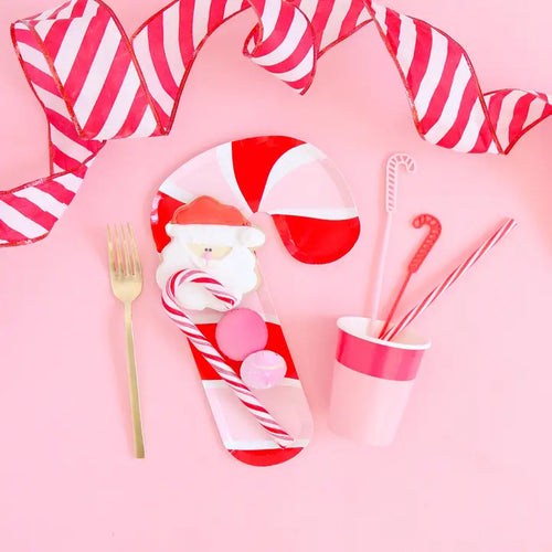 Red and pink candy cane dessert paper plate pack Christmas table setting from Parte Haus party supply store in Bethesda MD