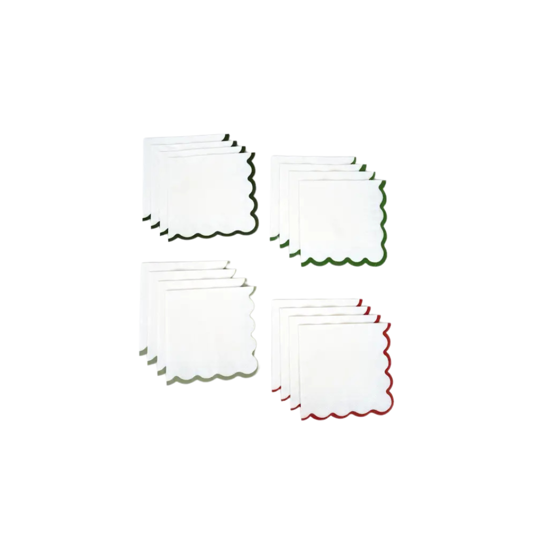 Red and green edge scalloped napkins festive napkin set from Parte Haus party supply store in Bethesda MD
