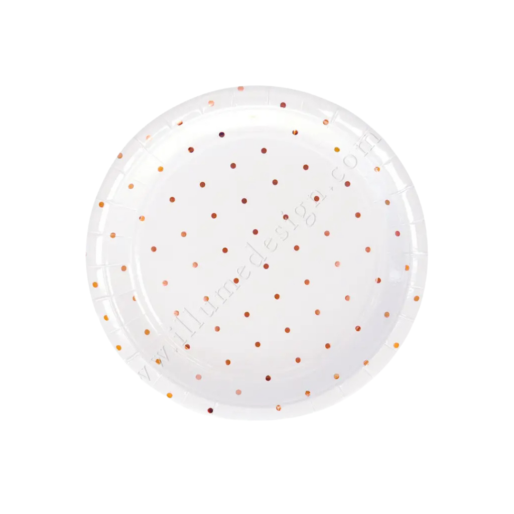White and rose gold polka dot plate elegant dinnerware for birthday from Parte Haus party supply store in Bethesda MD.