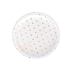 White and rose gold polka dot plate elegant dinnerware for birthday from Parte Haus party supply store in Bethesda MD.