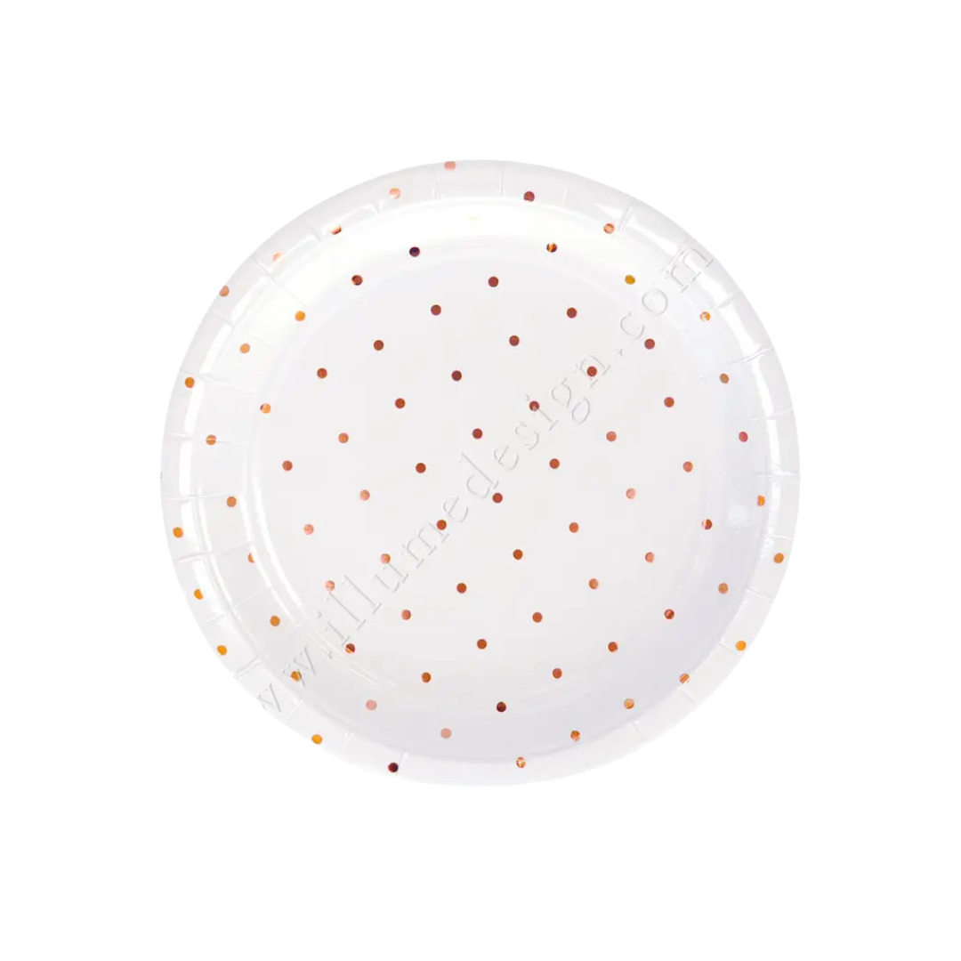 White and rose gold polka dot plate elegant dinnerware for birthday from Parte Haus party supply store in Bethesda MD.