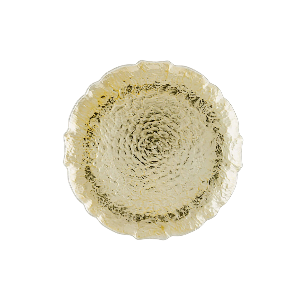 gold round decorative plate with textured surface for celebrations from Parte Haus party supply store in Bethesda Maryland
