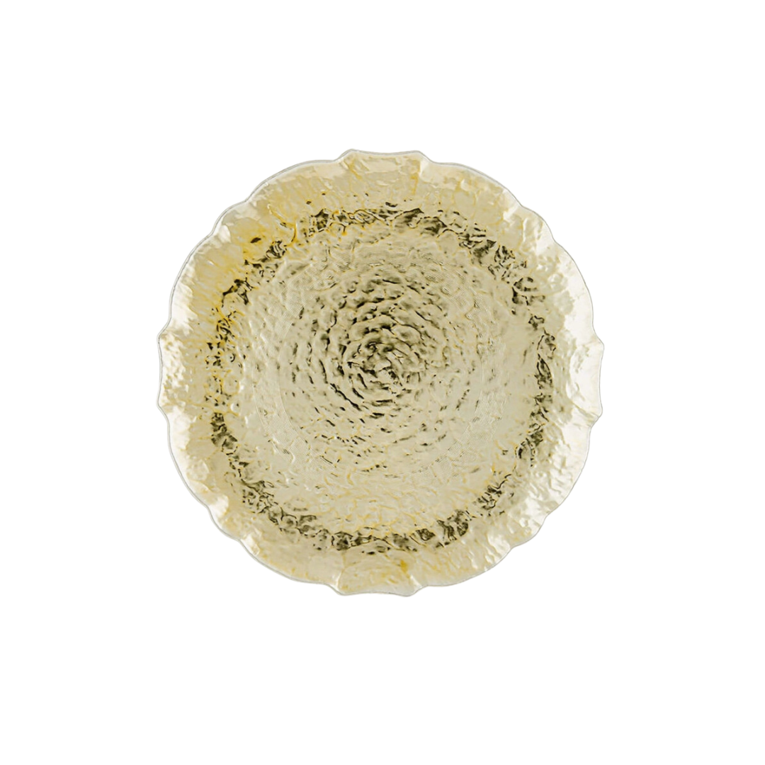 gold round decorative plate with textured surface for celebrations from Parte Haus party supply store in Bethesda Maryland
