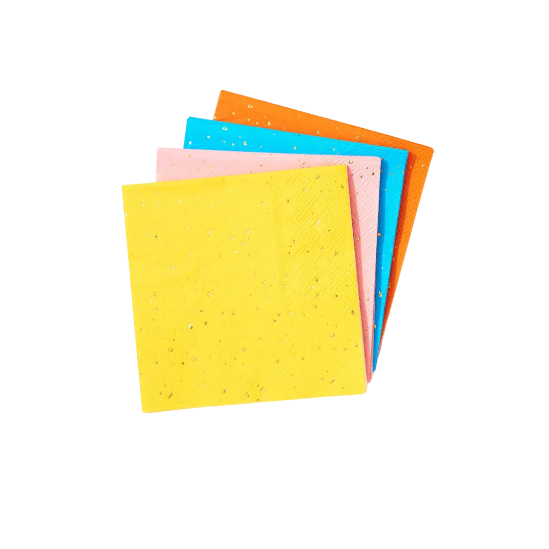 Yellow pink blue orange napkins with gold dots for birthday from Parte Haus party supply store in Bethesda MD