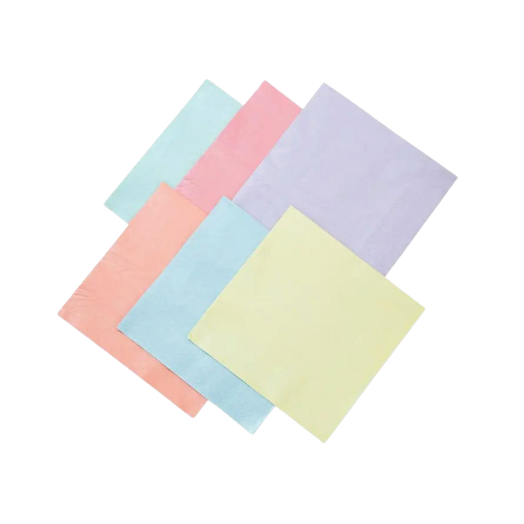 Pastel color napkins square shaped for birthday celebration from Parte Haus party supply store in Bethesda Maryland