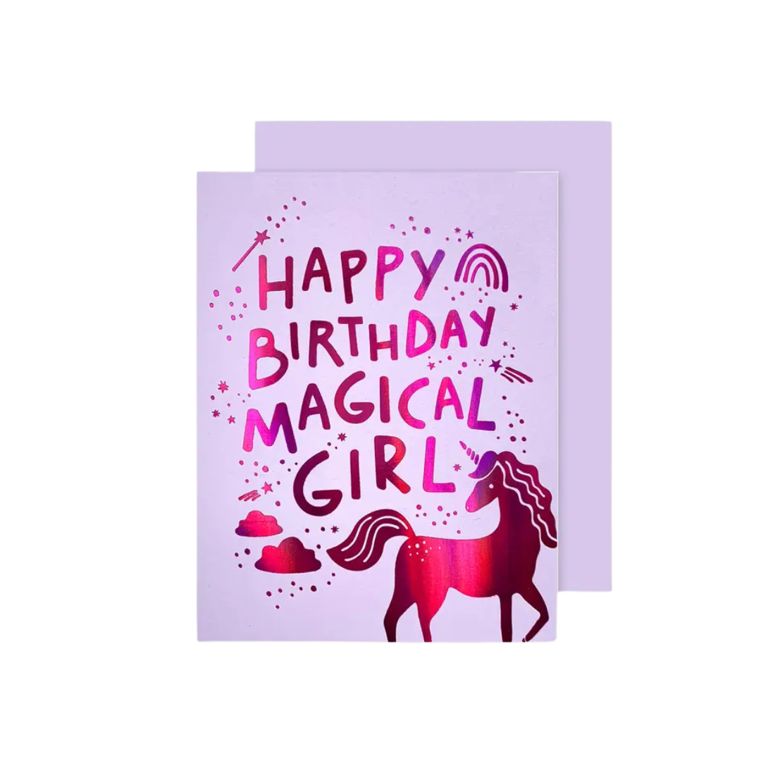 Pink unicorn birthday card for magical girl theme from Parte Haus party supply store in Bethesda Maryland