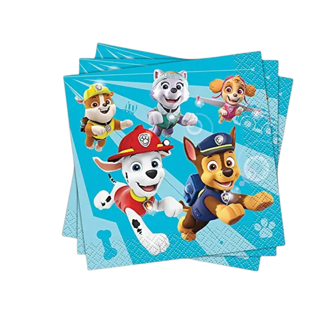 Blue Paw Patrol napkins with cartoon puppies for kids birthday from Parte Haus party supply store in Bethesda Maryland