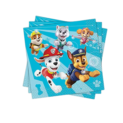 Blue Paw Patrol napkins with cartoon puppies for kids birthday from Parte Haus party supply store in Bethesda Maryland