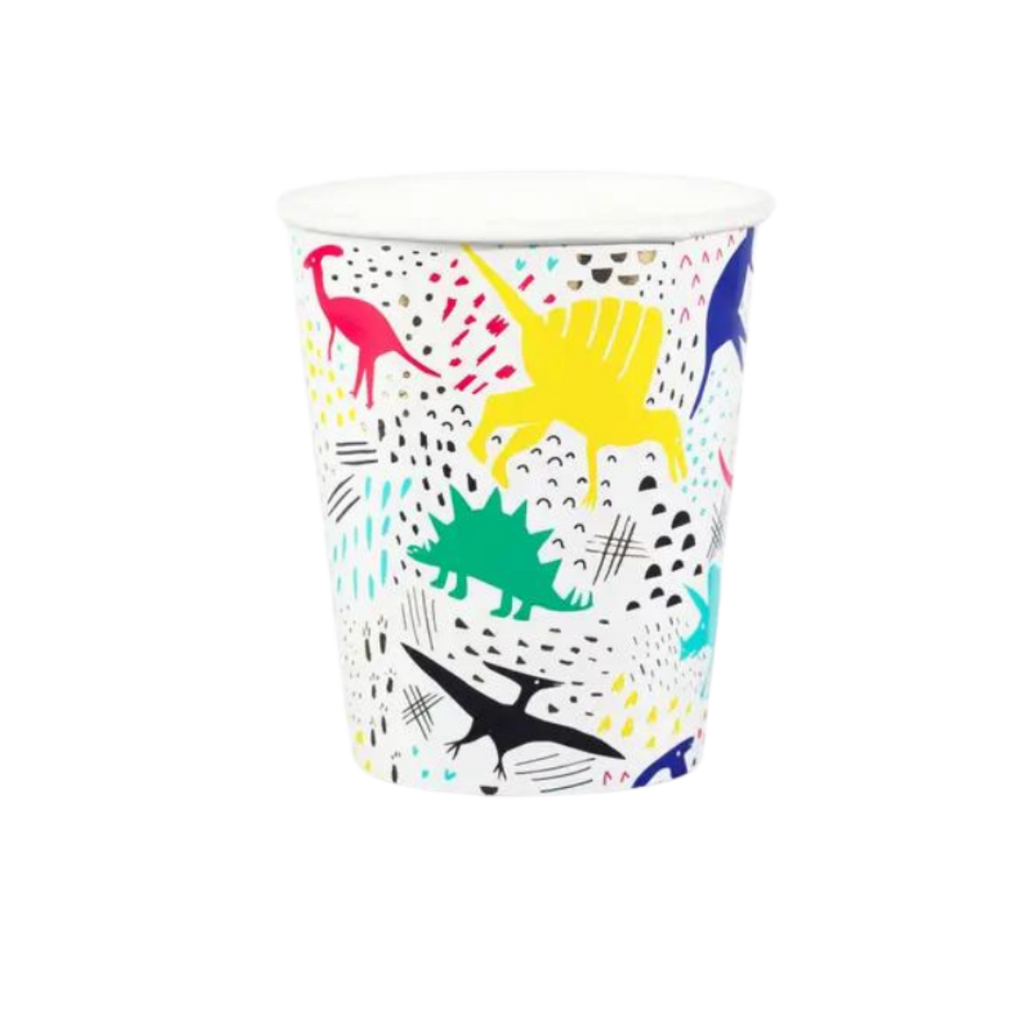 multicolor dinosaur paper cup with fun pattern dinosaur birthday theme from Parte Haus party supply store in Bethesda MD