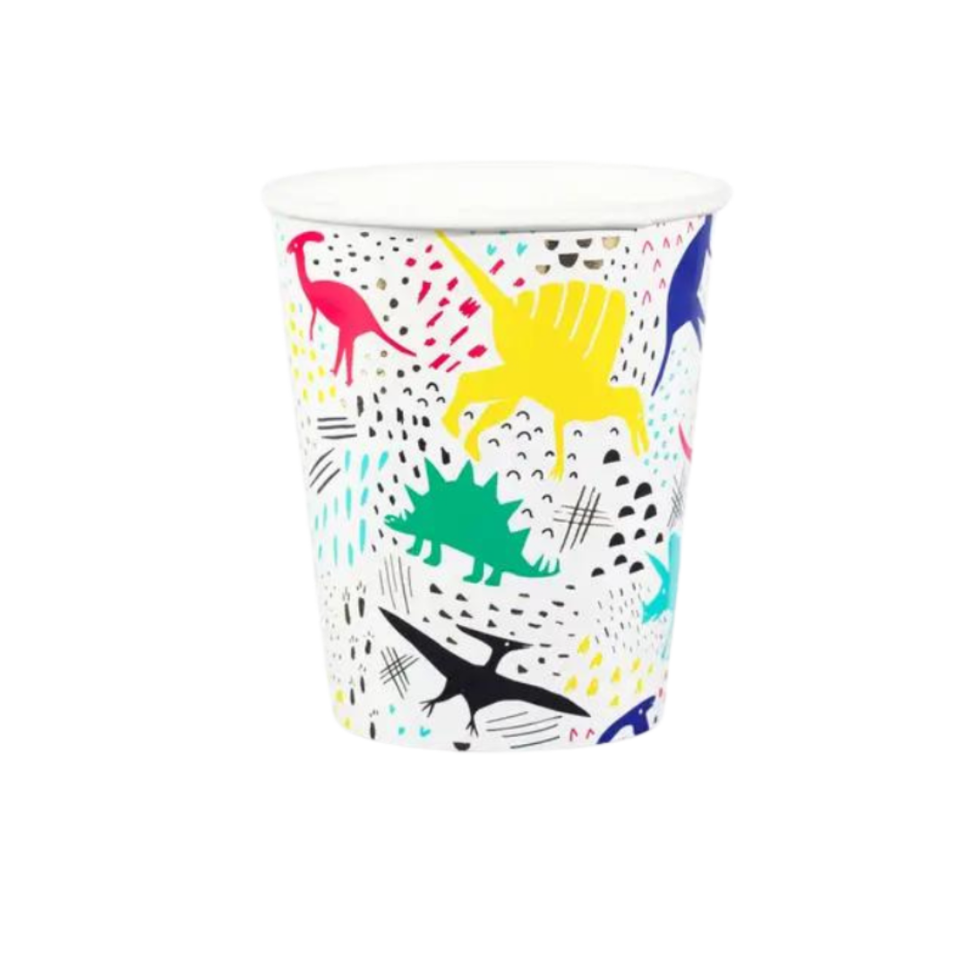 multicolor dinosaur paper cup with fun pattern dinosaur birthday theme from Parte Haus party supply store in Bethesda MD