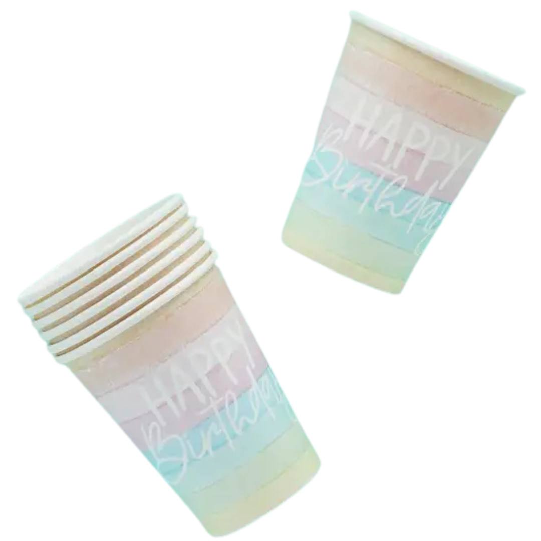 Pastel Happy Birthday paper cups striped birthday theme from Parte Haus party supply store in Bethesda Maryland