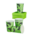 Green gaming paper cups with black controller print birthday theme from Parte Haus party supply store in Bethesda MD