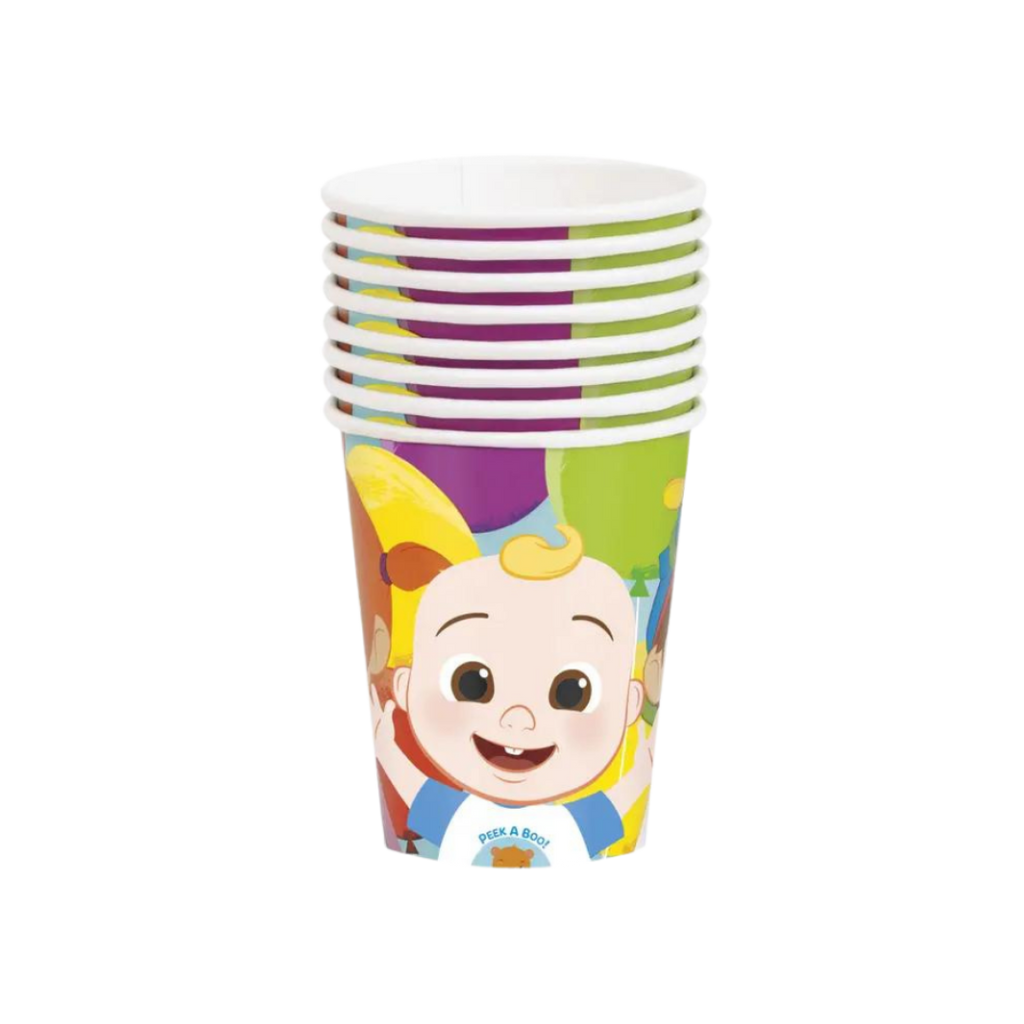 Colorful cartoon character paper cups with smiling baby design birthday theme from Parte Haus party supply store in Bethesda Maryland