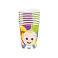Colorful cartoon character paper cups with smiling baby design birthday theme from Parte Haus party supply store in Bethesda Maryland