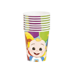 Colorful cartoon character paper cups with smiling baby design birthday theme from Parte Haus party supply store in Bethesda Maryland