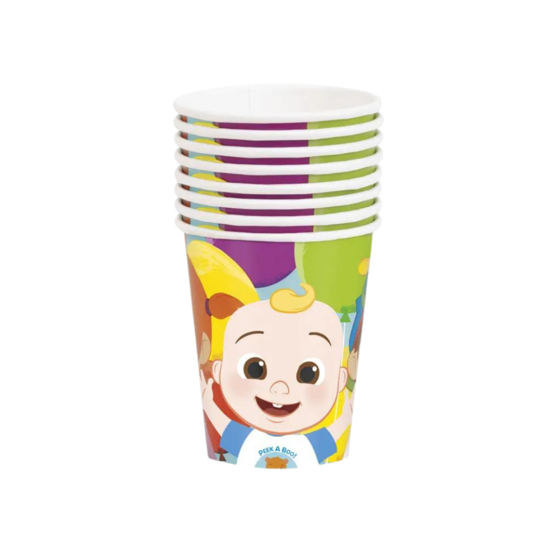 Colorful cartoon character paper cups with smiling baby design birthday theme from Parte Haus party supply store in Bethesda Maryland