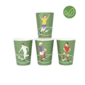 Green soccer paper cups with players for sports birthday from Parte Haus party supply store in Bethesda, MD