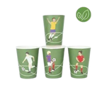 Green soccer paper cups with players for sports birthday from Parte Haus party supply store in Bethesda, MD