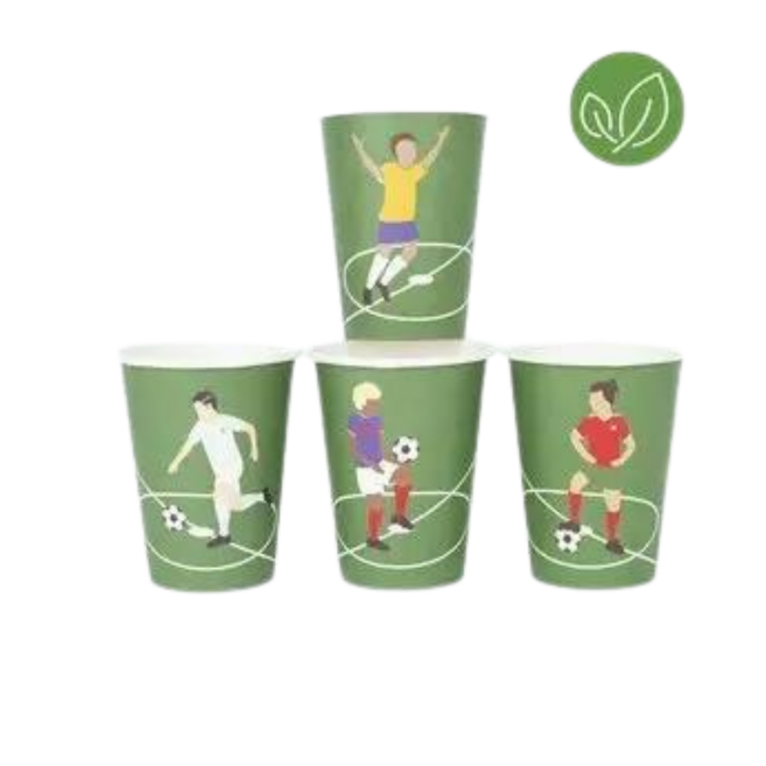 Green soccer paper cups with players for sports birthday from Parte Haus party supply store in Bethesda, MD