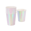 Iridescent paper cups stack shown for birthday from Parte Haus party supply store in Bethesda Maryland