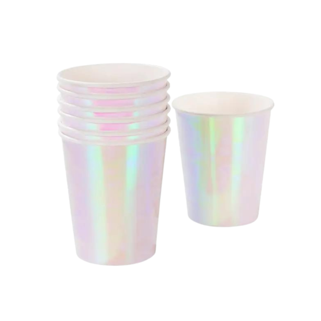Iridescent paper cups stack shown for birthday from Parte Haus party supply store in Bethesda Maryland