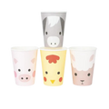 Multicolor animal face paper cups set with pig chick horse and sheep for kids farm birthday from Parte Haus party supply store in Bethesda Maryland