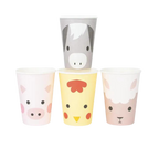 Multicolor animal face paper cups set with pig chick horse and sheep for kids farm birthday from Parte Haus party supply store in Bethesda Maryland