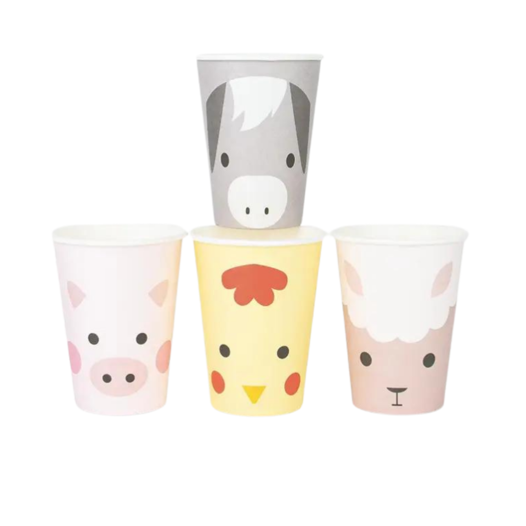 Multicolor animal face paper cups set with pig chick horse and sheep for kids farm birthday from Parte Haus party supply store in Bethesda Maryland