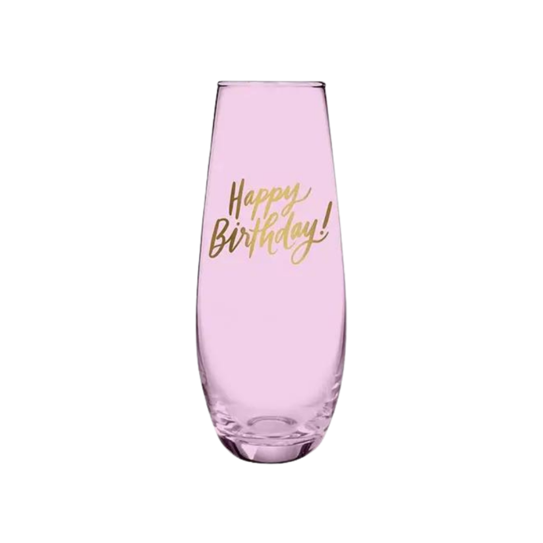 Pink Happy Birthday glass with gold lettering birthday celebration from Parte Haus party supply store in Bethesda MD