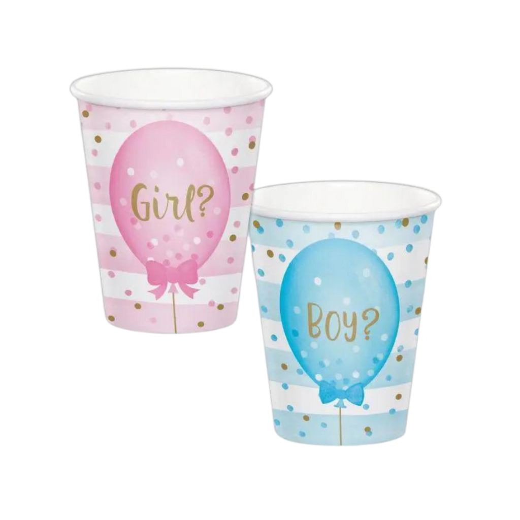 Pink and blue gender reveal paper cups with balloons theme from Parte Haus party supply store in Bethesda MD