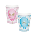 Pink and blue gender reveal paper cups with balloons theme from Parte Haus party supply store in Bethesda MD
