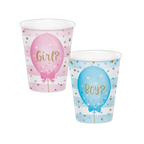 Pink and blue gender reveal paper cups with balloons theme from Parte Haus party supply store in Bethesda MD
