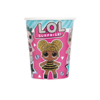 Pink LOL Surprise paper cup with cartoon dolls birthday theme from Parte Haus party supply store in Bethesda Maryland