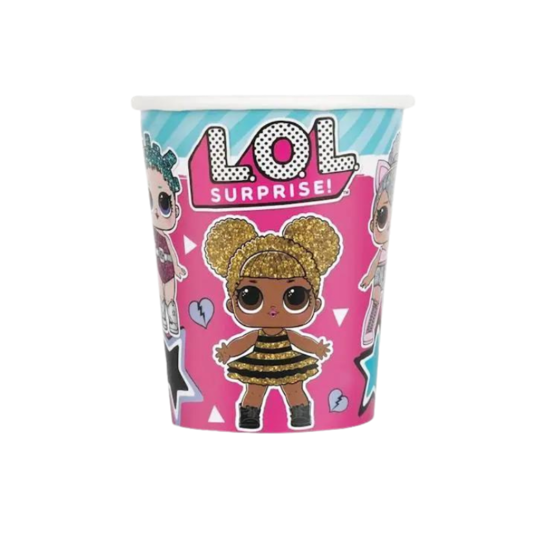 Pink LOL Surprise paper cup with cartoon dolls birthday theme from Parte Haus party supply store in Bethesda Maryland