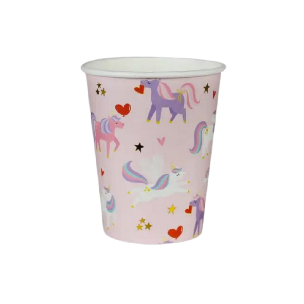 Pink unicorn paper cup with hearts and stars birthday theme from Parte Haus party supply store in Bethesda Maryland